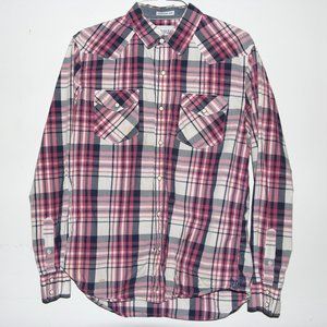 American Eagle Outfitters White, Red, and Black Plaid Dress Shirt